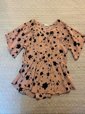 Sienna Sky Blush Pink Flutter Sleeve Peplum Blouse with Black Floral Print